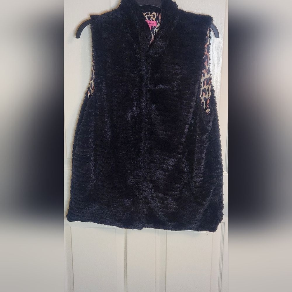 Betsey Johnson Black Faux Fur Vest with Leopard Trim